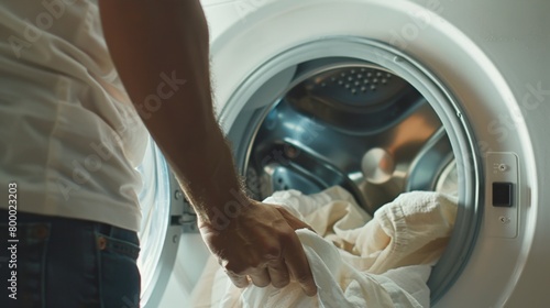 Man's hand reaching into open washing machine to remove clothes.