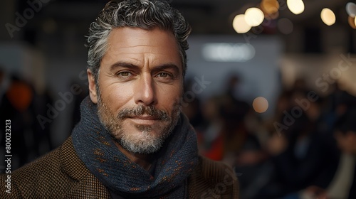 Our medium shot portrait encapsulates the dignified charm of a pleased man in his 40s, his chic cardigan adding a touch of refinement against the backdrop of a bustling fashion show runway photo