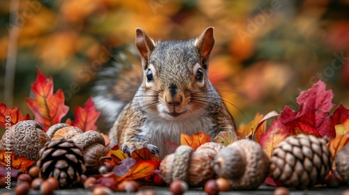 Charming squirrel surrounded by autumn leaves  pine cones  and acorns