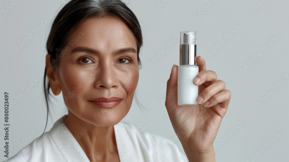 A woman holding a small white bottle possibly a skincare product with a gentle smile and a soft gaze against a neutral background. A woman holding a small white bottle possibly a skincare product with a gentle smile and a soft gaze against a neutral background.