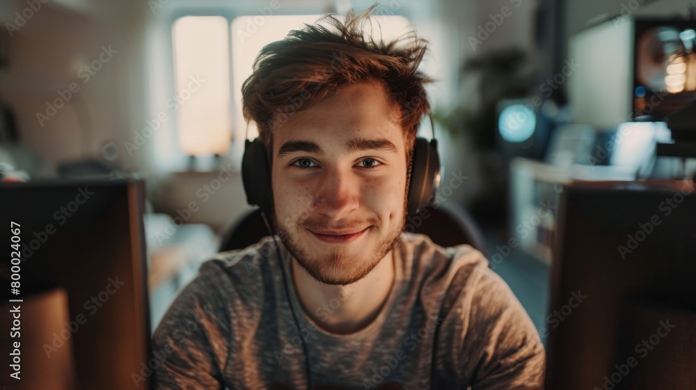 A young man with a beard wearing headphones smiling at the camera sitting in a room with a computer monitor in the background. A young man with a beard wearing headphones smiling at the camera sitting in a room with a computer monitor in the background.