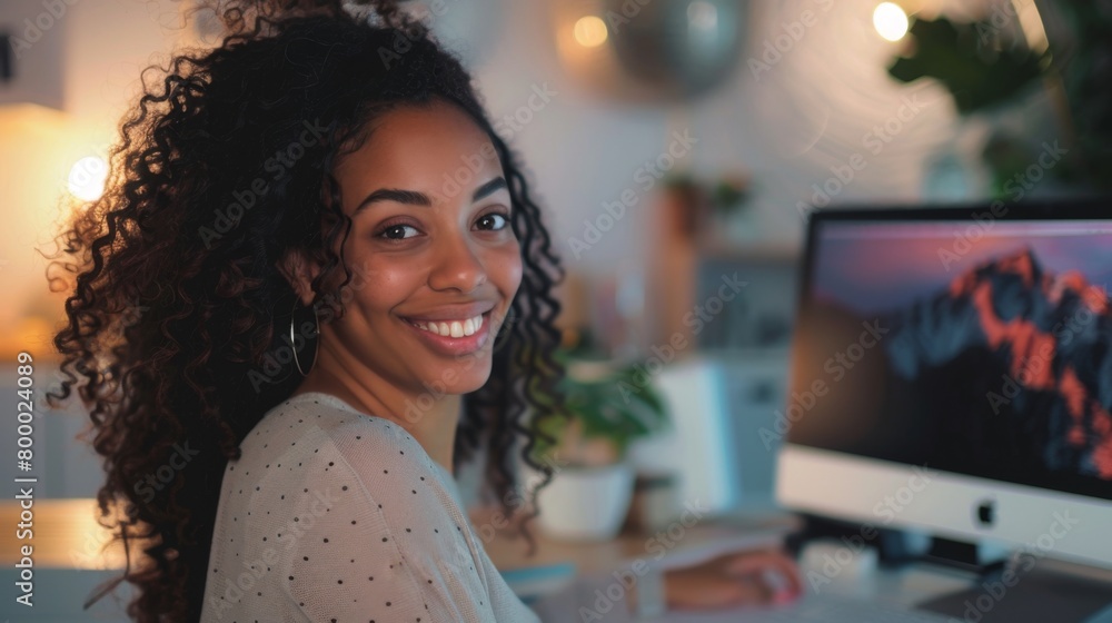 Smiling woman with curly hair wearing a white blouse with polka dots sitting at a desk with a computer monitor displaying a vibrant image in a brightly lit room with plants and a blurred background. Smiling woman with curly hair wearing a white blouse with polka dots sitting at a desk with a computer monitor displaying a vibrant image in a brightly lit room with plants and a blurred background.