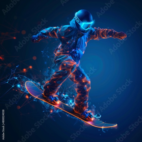 Snowboarder in action made of polygon Al neon network on dark blue background
