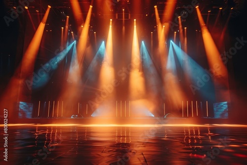 Event stage light background with spotlight illuminated stage for performance show. Empty stage with warm ambiance colors backdrop decoration. Stage lighting design. Entertainment, Generative AI © Pixel Pioneers