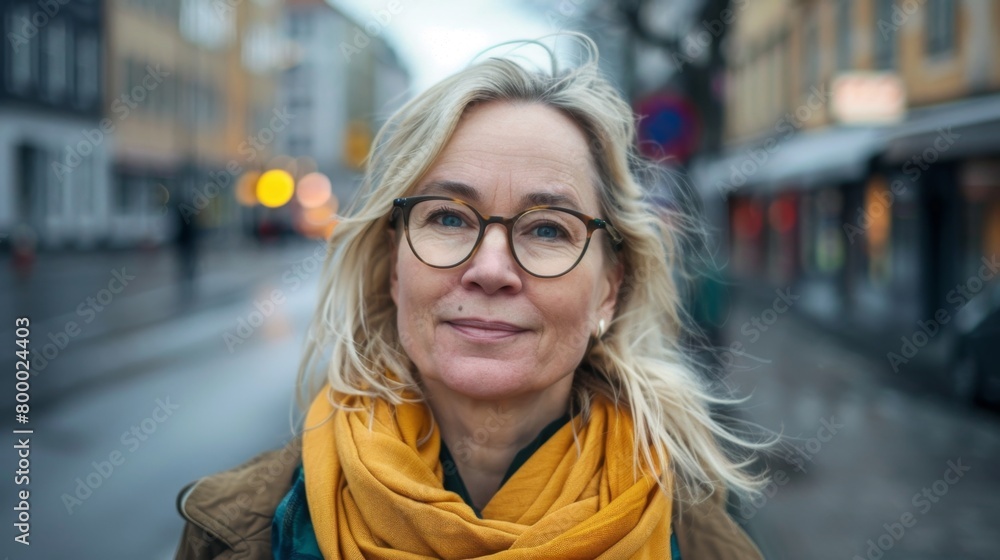 A woman with blonde hair and glasses wearing a yellow scarf standing on a street with blurred background.