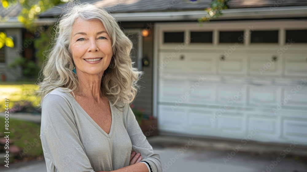 Smiling woman with gray hair wearing a light gray top standing in front of a house with a white garage door.
