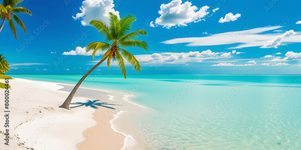 Beautiful tropical beach with white sand, turquoise ocean on background blue sky with clouds on sunny summer day. Palm tree leaned over water. Perfect landscape for relaxing vacation, island of Maldi 