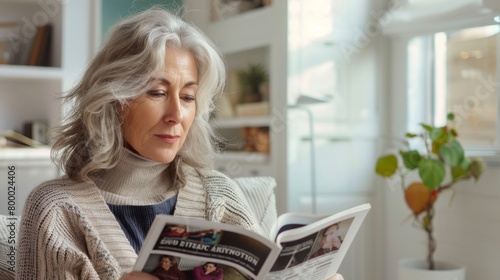 A woman with gray hair wearing a white sweater sitting in a cozy room engrossed in reading a magazine.