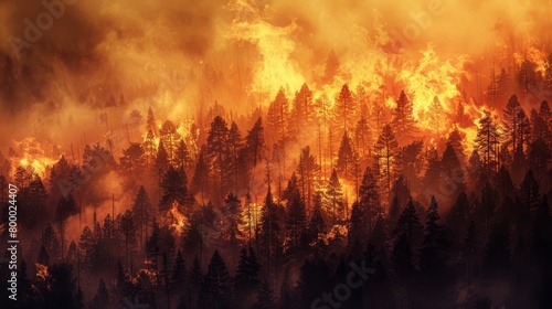 Night fire in the forest with fire and smoke.Epic aerial photo of a smoking wild flame.A blazing glowing fire at night.Forest fires.Dry grass is burning. climate change ecology.Line fire in the dark
