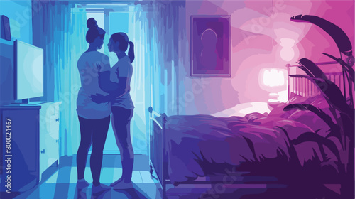 Pregnant lesbian couple with sonogram image in bedroom  photo