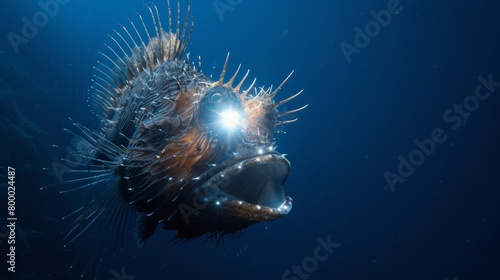 Mystical deep-sea anglerfish with bioluminescent tendrils in a dark underwater scene