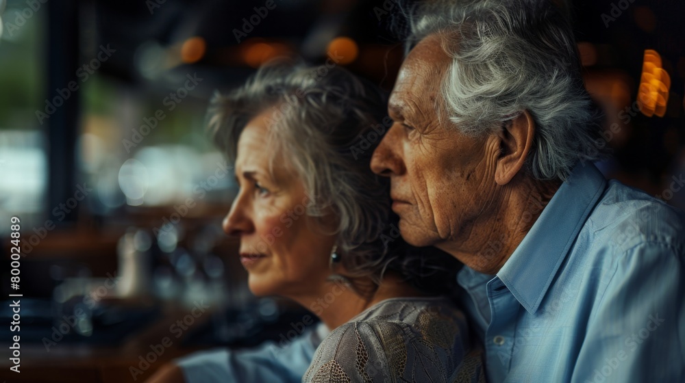 An elderly couple sharing a quiet moment together their heads leaning together in a restaurant setting with blurred background. An elderly couple sharing a quiet moment together their heads leaning together in a restaurant setting with blurred background.