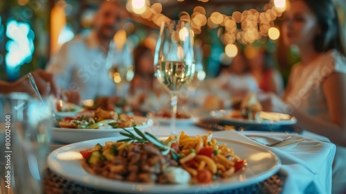 A lively dinner scene with a table full of plates of food wine glasses and people enjoying a meal together in a warmly lit restaurant.