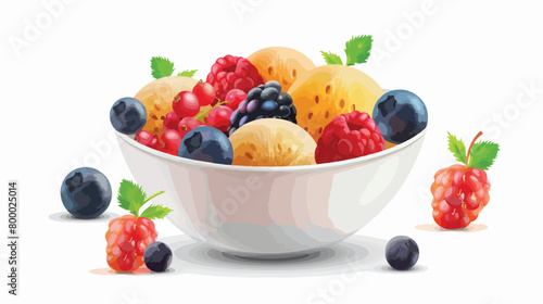 Bowl with tasty melon balls and berries on white background