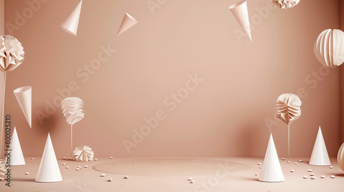 3d rendering of colorful brown beige sand chocolate background wall with birthday party decoration, brown beige sand chocolate colors, empty wall mock up, birthday invitation, greeting card	
