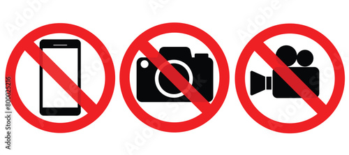 No Photographing prohibition sign symbol icon. Video, photo, phone, prohibited logo pictogram. Isolated on white background. photo