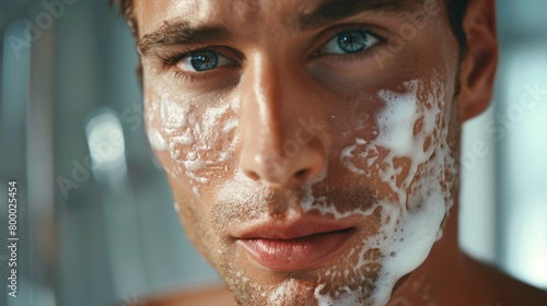 A close-up of a man's face with soap suds showcasing his blue eyes and facial features. photo