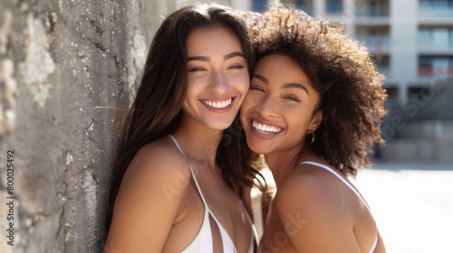 Two smiling women with long hair wearing white strapless tops leaning against a textured wall with a blurred background possibly a sunny day. photo