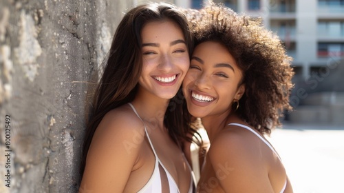 Two smiling women with long hair wearing white strapless tops leaning against a textured wall with a blurred background possibly a sunny day.