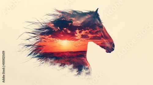 Double exposure of horse with sunrise and grass