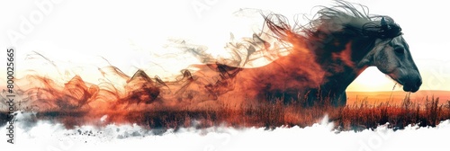 Double exposure of horse with sunrise and grass