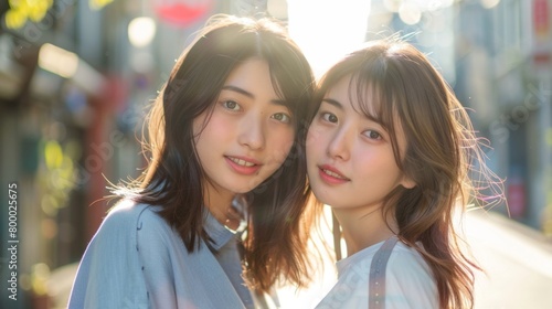 Two young women with long hair smiling and posing together in a sunny urban setting with blurred cityscape in the background.