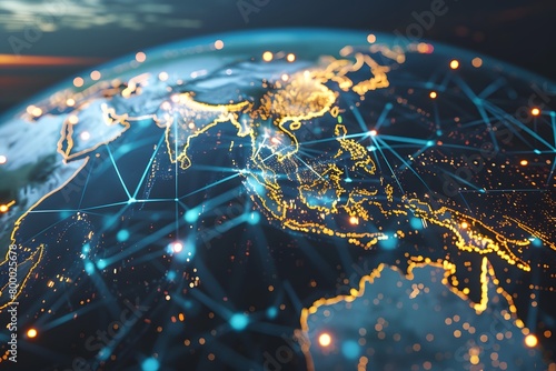 Close-up illustration of a digital global network, glowing nodes and connections that symbolize communication and data pathways across continents