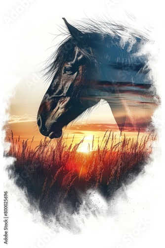 Double exposure of horse with sunrise and grass