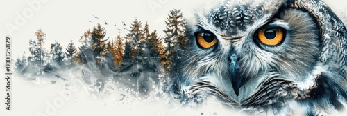 Double exposure of mystical owl with winter forest