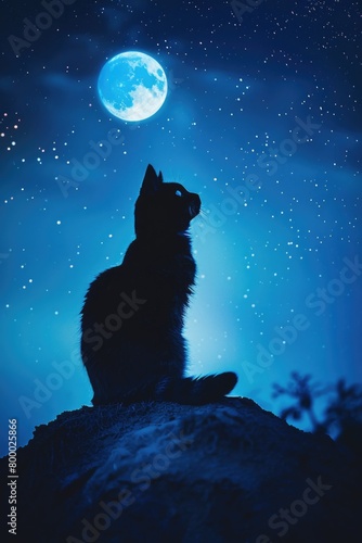 Cat Silhouette Against Full Moon