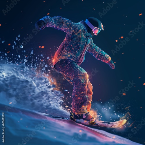 Snowboarder in action made of polygon Al neon network on dark blue background