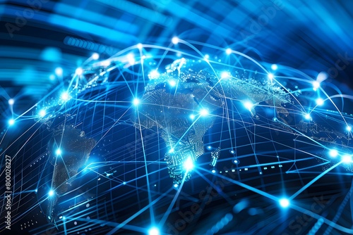 Illuminated global network map with data connections,glowing blue map of the world, highlighted with bright nodes and connections, the internet and data transfer routes across continents