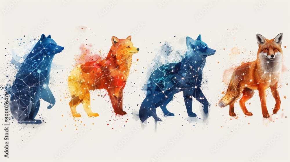 Watercolor Constellation Animals on Dark Background: Stars, Bears, and Foxes