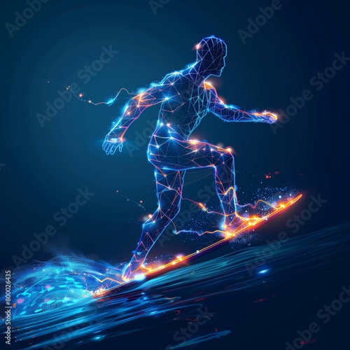 Surfer riding a sea wave in action made of polygon Al neon network on dark blue background