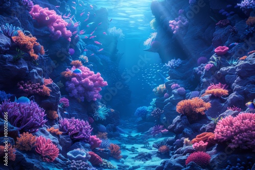 Underwater scene with coral reef and fish. 3d render.