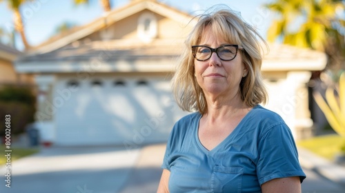 A woman with blonde hair and glasses wearing a blue shirt standing in front of a house with a garage. photo