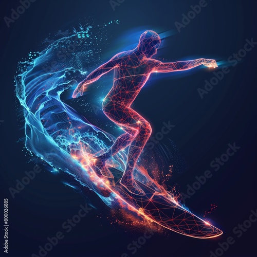 Surfer riding a sea wave in action made of polygon Al neon network on dark blue background