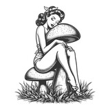 woman sitting on large mushroom in fantasy-like setting, evoking fairy tale mood sketch engraving generative ai fictional character raster illustration. Scratch board imitation. Black and white image.