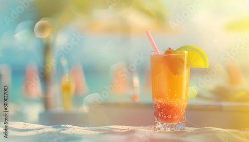 Summer drink with ice on blurred background with beach.