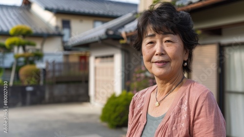 Smiling elderly woman in pink cardigan with gold necklace standing in front of traditional Japanese house with tiled roof and wooden fence.