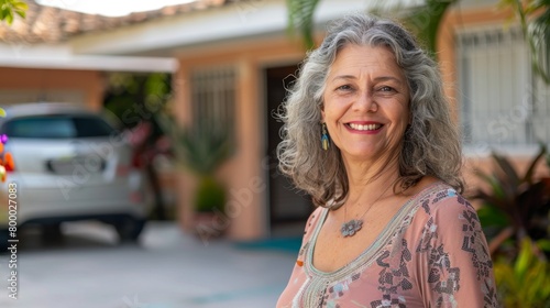 Smiling woman with gray hair wearing a pink blouse with a floral pattern standing in front of a house with a white car parked in the driveway and tropical plants in the background.