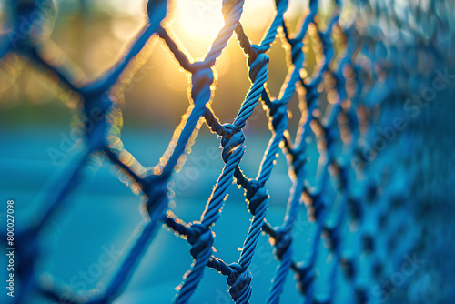 Close-up of a chain link fence with blurred sunset background