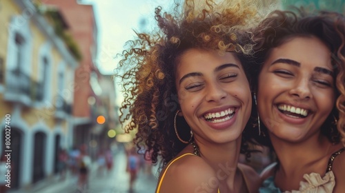 Two joyful women with curly hair laughing together on a city street with blurred background.