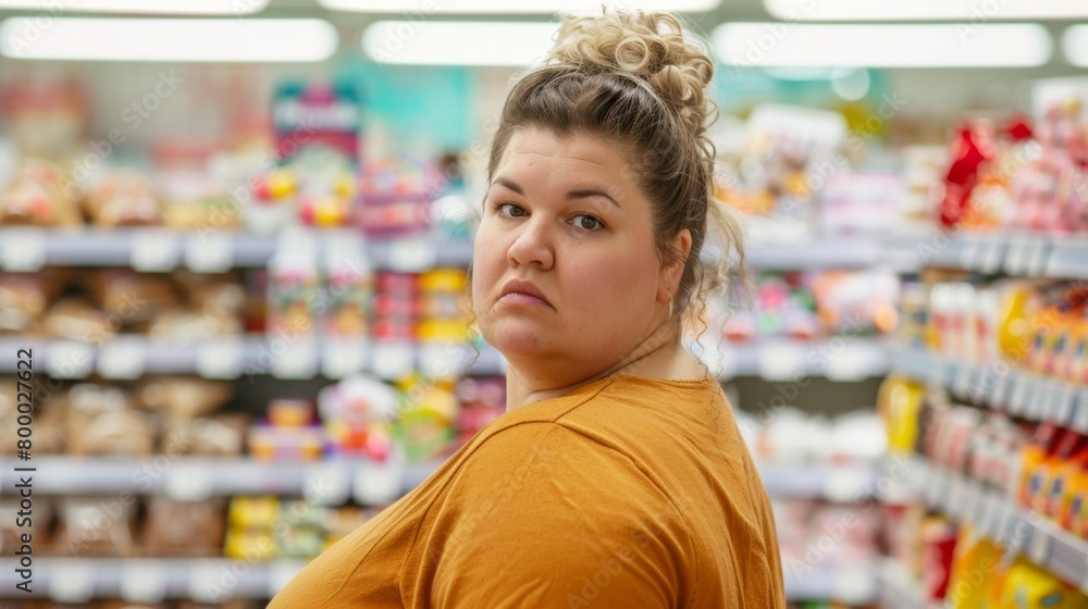 Woman in orange top with curly hair standing in supermarket aisle looking off to side surrounded by various packaged food items.