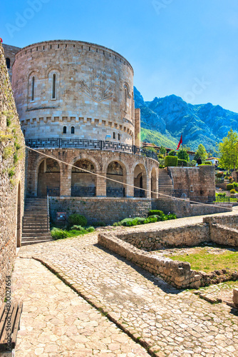 Kruje, Albania - 28 April, 2024: The Skanderbeg Museum in Kruja, Albania. The building of George Castriot ( Skanderbeg ) - national albanian hero. Kruje Castle and fortress. This was on a hot, sunny,  photo