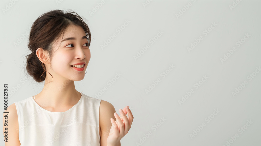 横の空間を手で示す女性 横の空間を手で示す女性