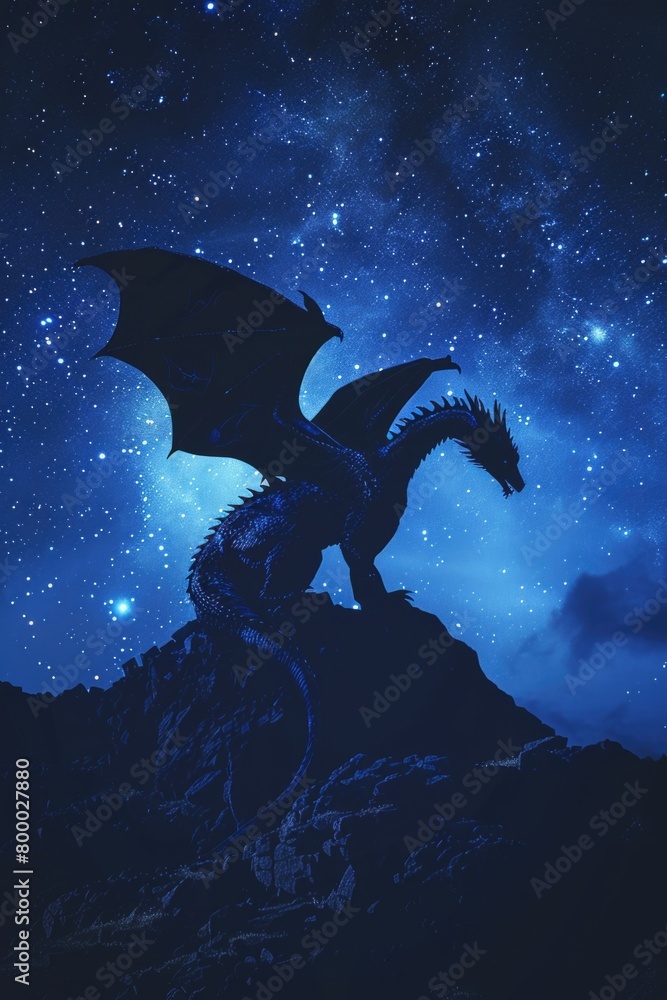 Fototapeta premium Mystical Dragon Silhouette Against Starry Night Sky