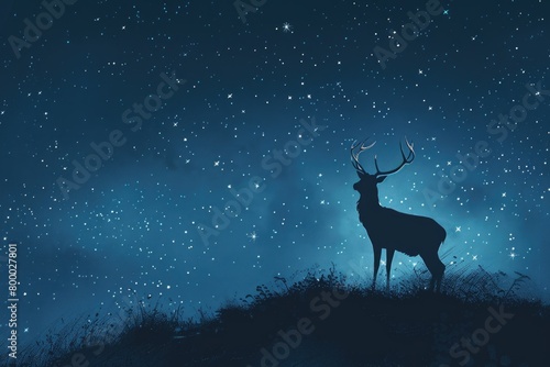 Starry Night Sky with Silhouette of a Deer on a Hilltop