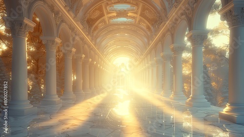 intricate white marble hallway lined with ornate columns and statues of roman gods and goddesses