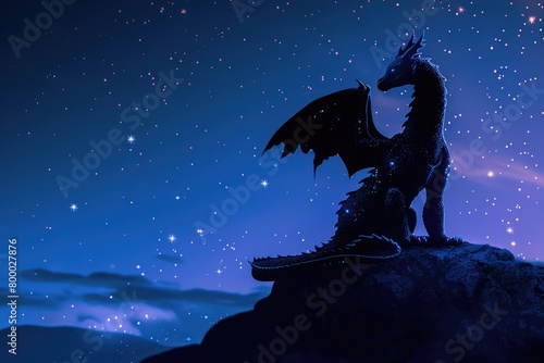 Mystical Dragon Silhouette Against Starry Night Sky